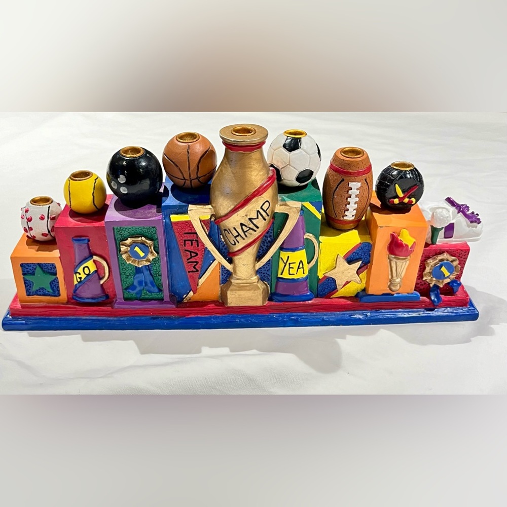 Vintage 1995 Sports Hanukkah Menorah Hand painted 10.5” x 2”x 5”